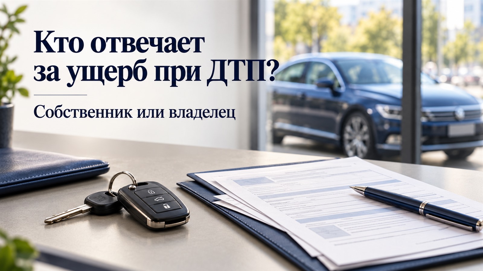 Ключи и документы о передаче автомобиля на столе на фоне синего автомобиля